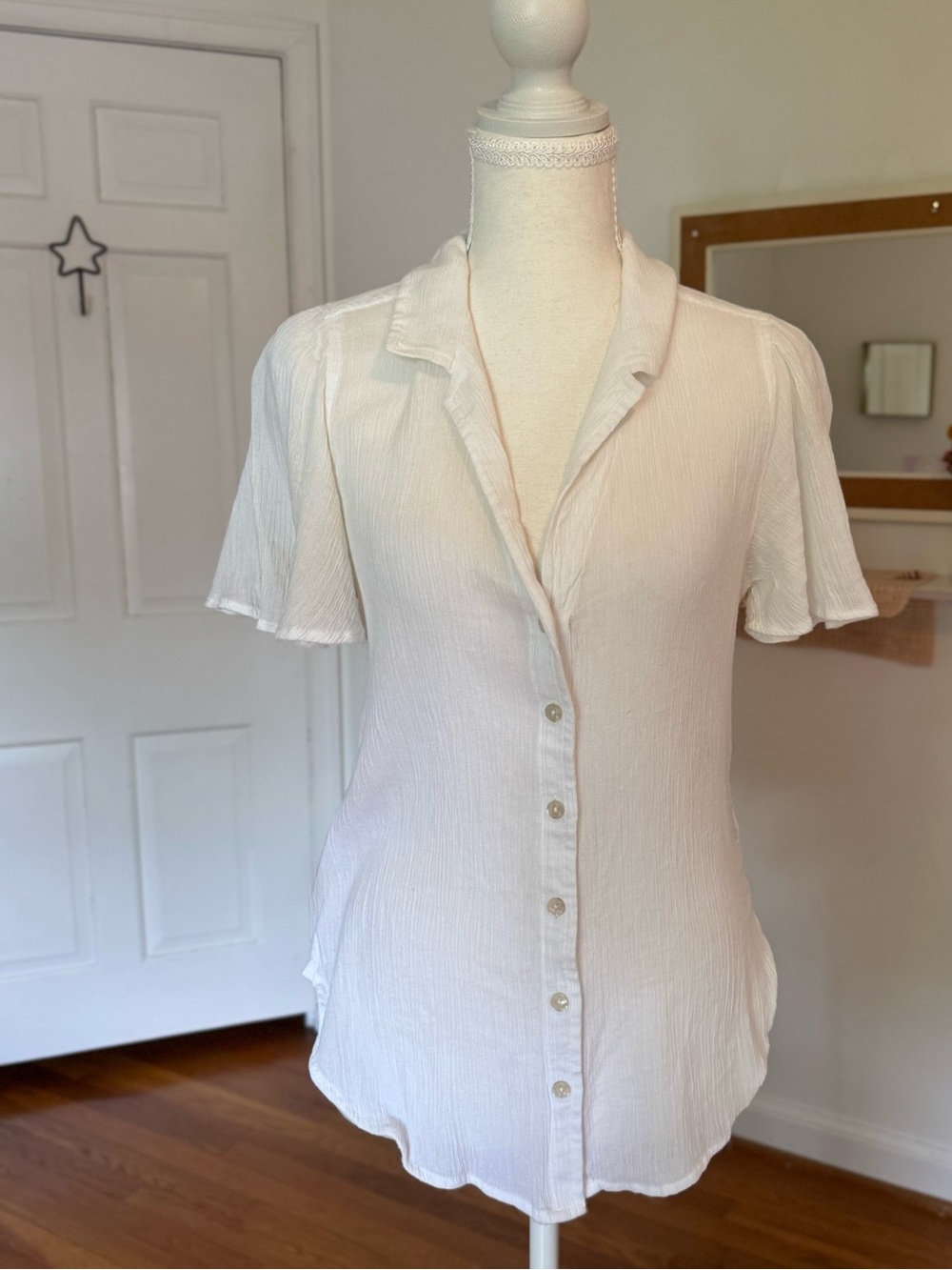 Abercrombie & Fitch White Crinkle Cotton Viscose Gauze Flutter Sleeve Sz Small